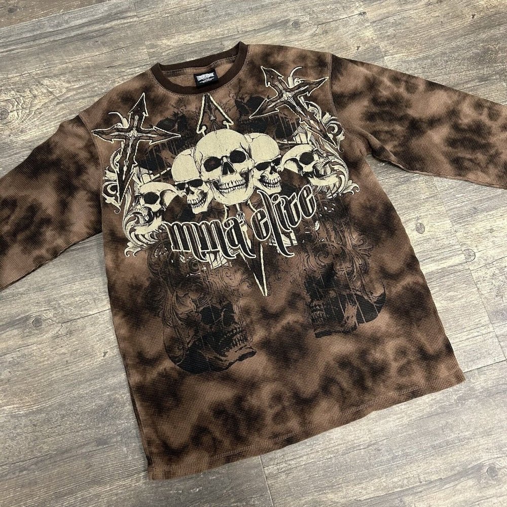 MMA Elite Shirt‎ Mens Large Skulls Cross Waffle Knit Thermal Pullover Brown Y2K